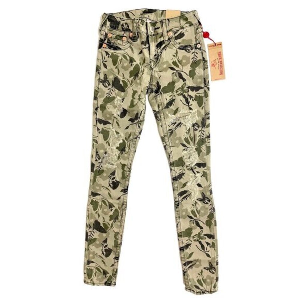 True Religion Super Skinny Garden Camo Distressed Jeans Sz 24 $199 NWT